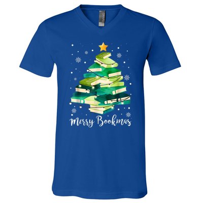 Merry Bookmas Books Pine Tree Funny Reading Lover Christmas V-Neck T-Shirt