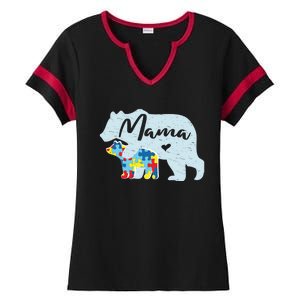 Mama Bear Cute Autism Awareness Mom With Puzzle Piece Cub Gift Ladies Halftime Notch Neck Tee