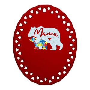 Mama Bear Cute Autism Awareness Mom With Puzzle Piece Cub Gift Ceramic Oval Ornament