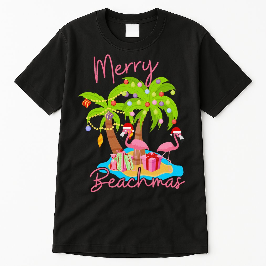 Merry Beachmas Christmas Palm Trees Xmas Lights Flamingos Tall T-Shirt