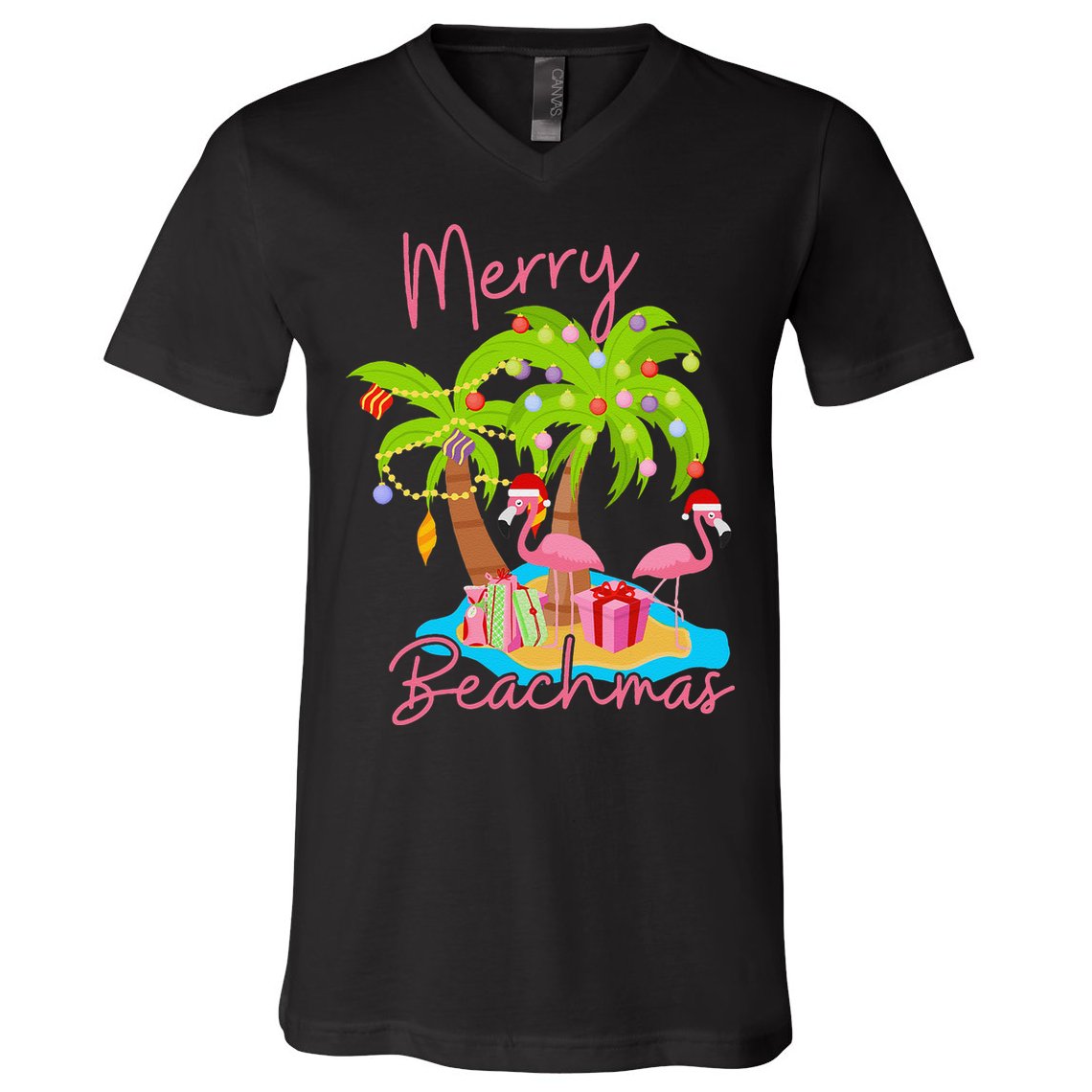 Merry Beachmas Christmas Palm Trees Xmas Lights Flamingos V-Neck T-Shirt