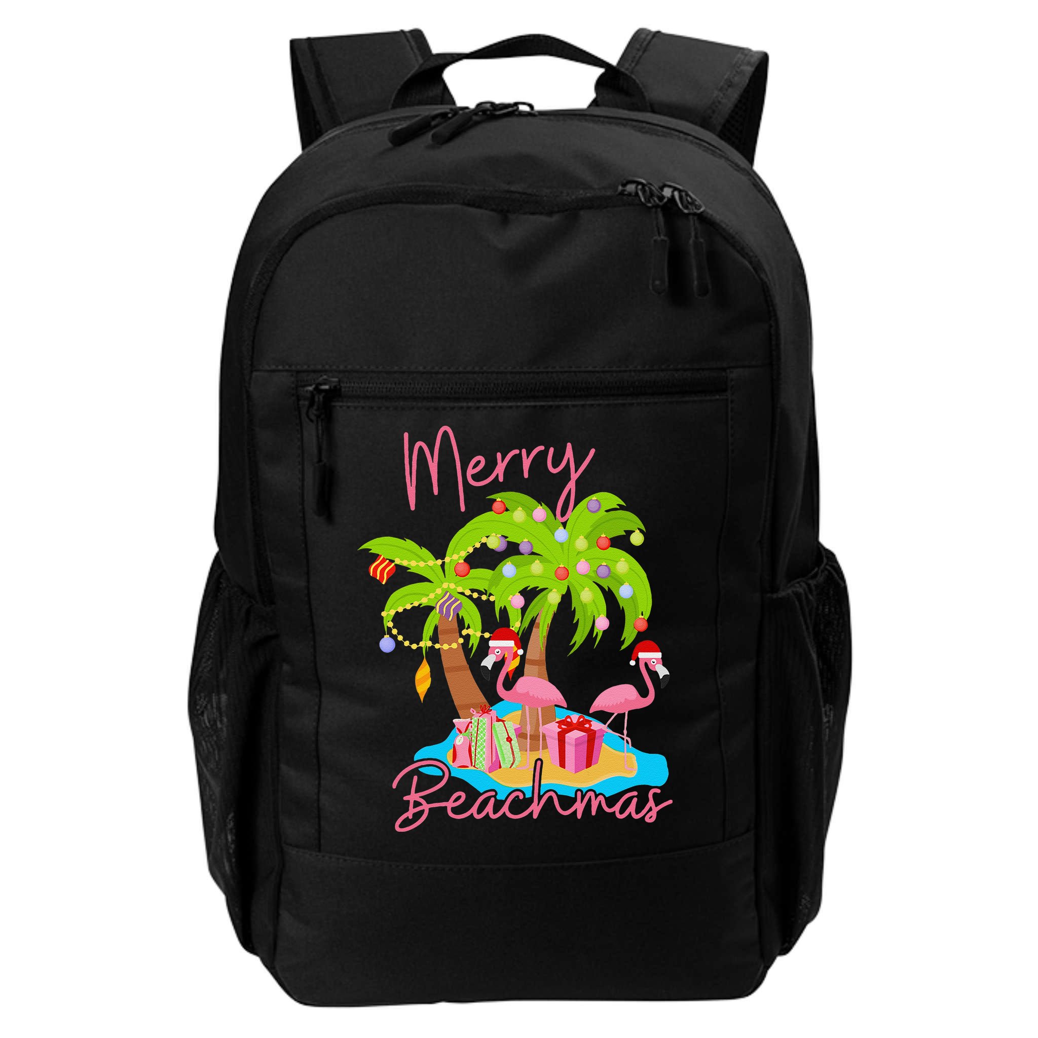 Merry Beachmas Christmas Palm Trees Xmas Lights Flamingos Backpack