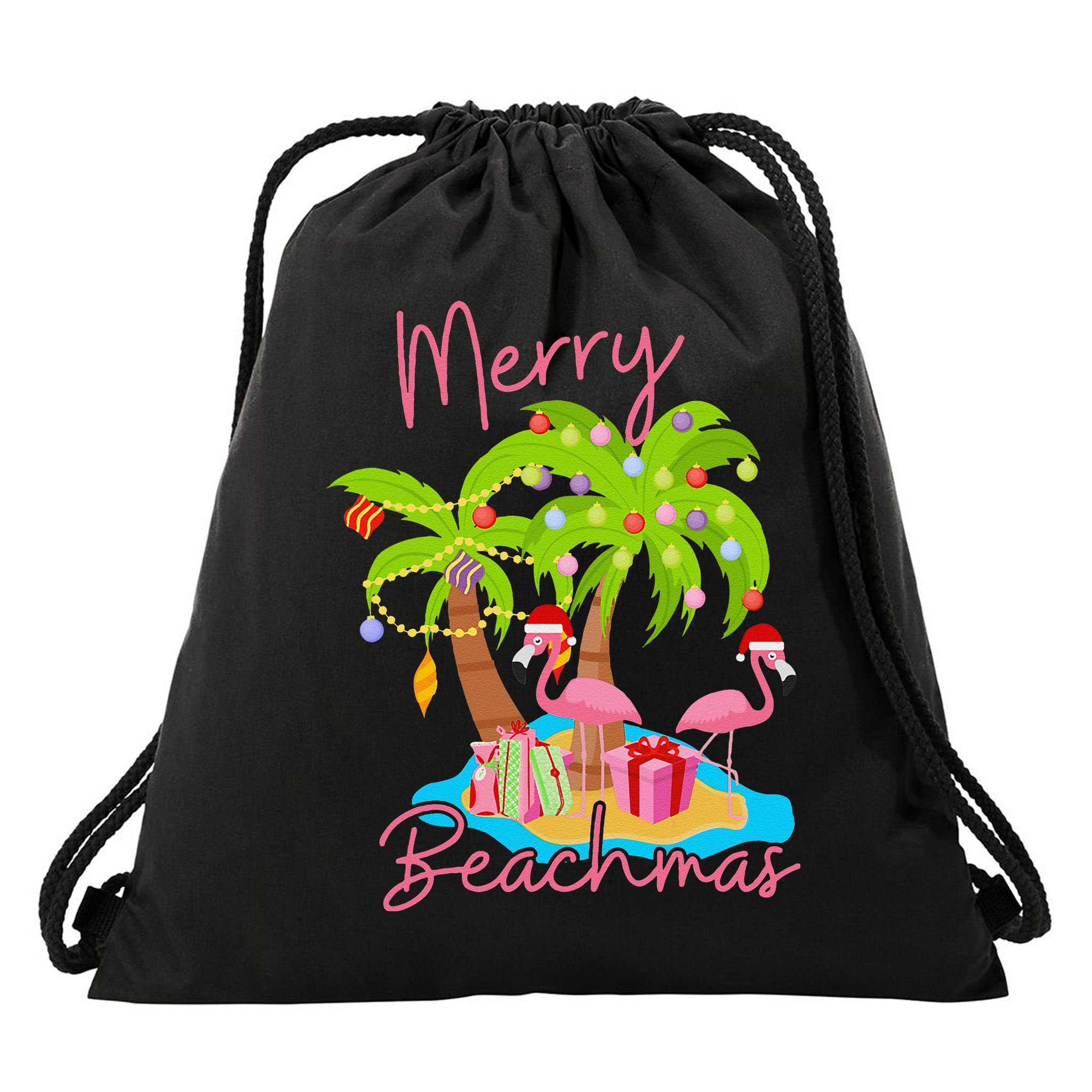 Merry Beachmas Christmas Palm Trees Xmas Lights Flamingos Drawstring Bag