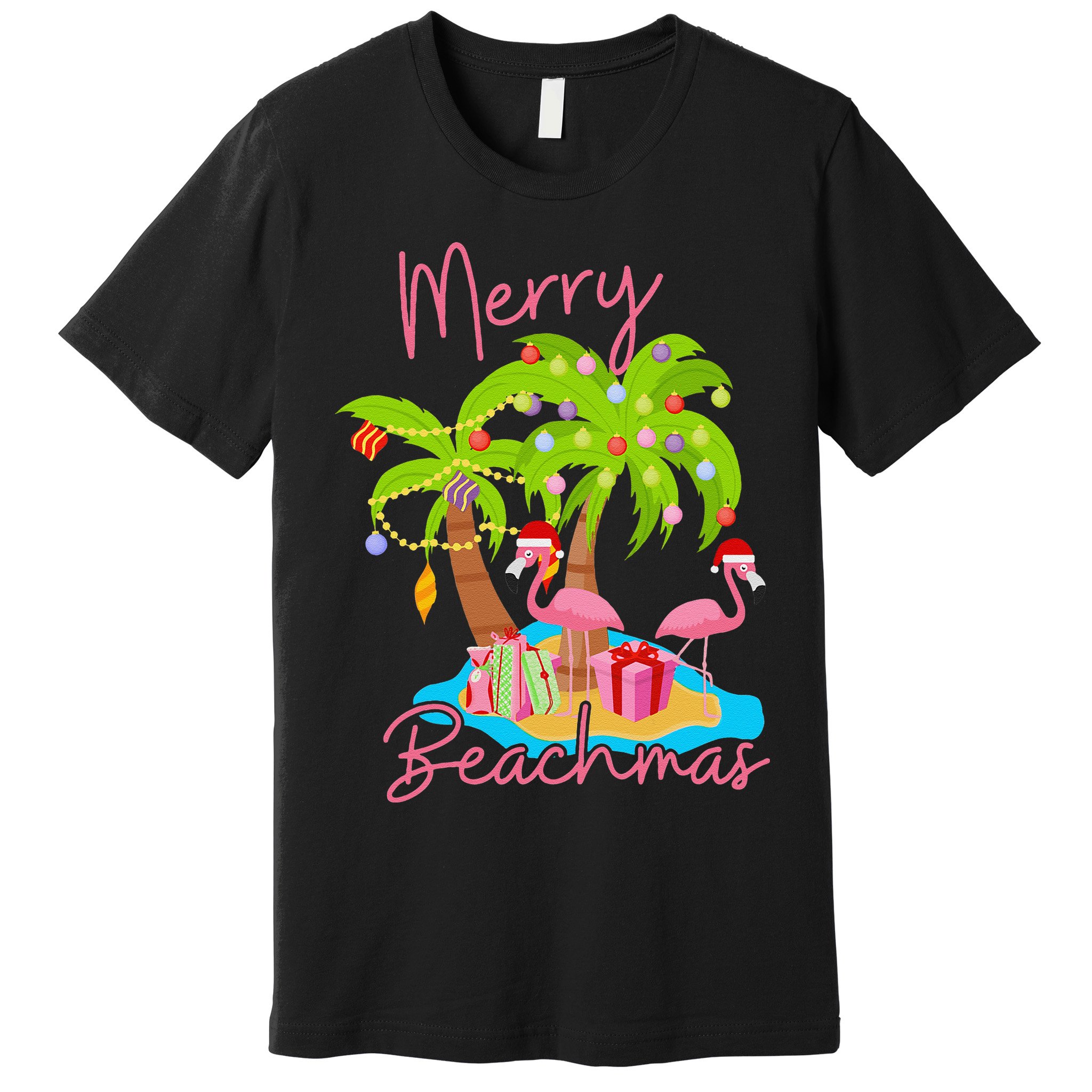 Merry Beachmas Christmas Palm Trees Xmas Lights Flamingos Premium T-Shirt