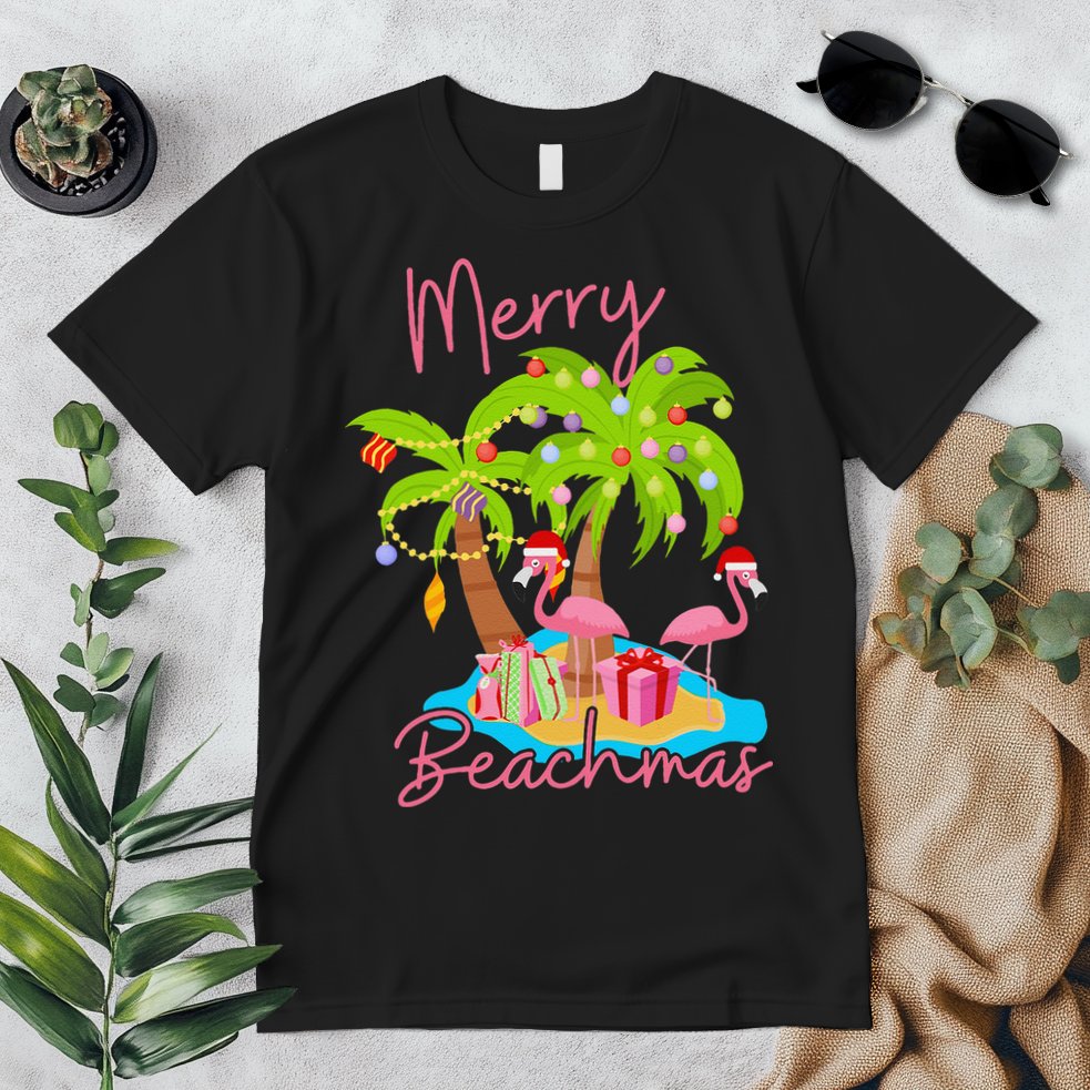 Merry Beachmas Christmas Palm Trees Xmas Lights Flamingos Premium T-Shirt