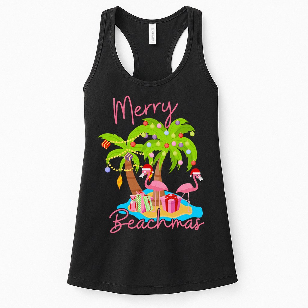 Merry Beachmas Christmas Palm Trees Xmas Lights Flamingos Womens Tank Top