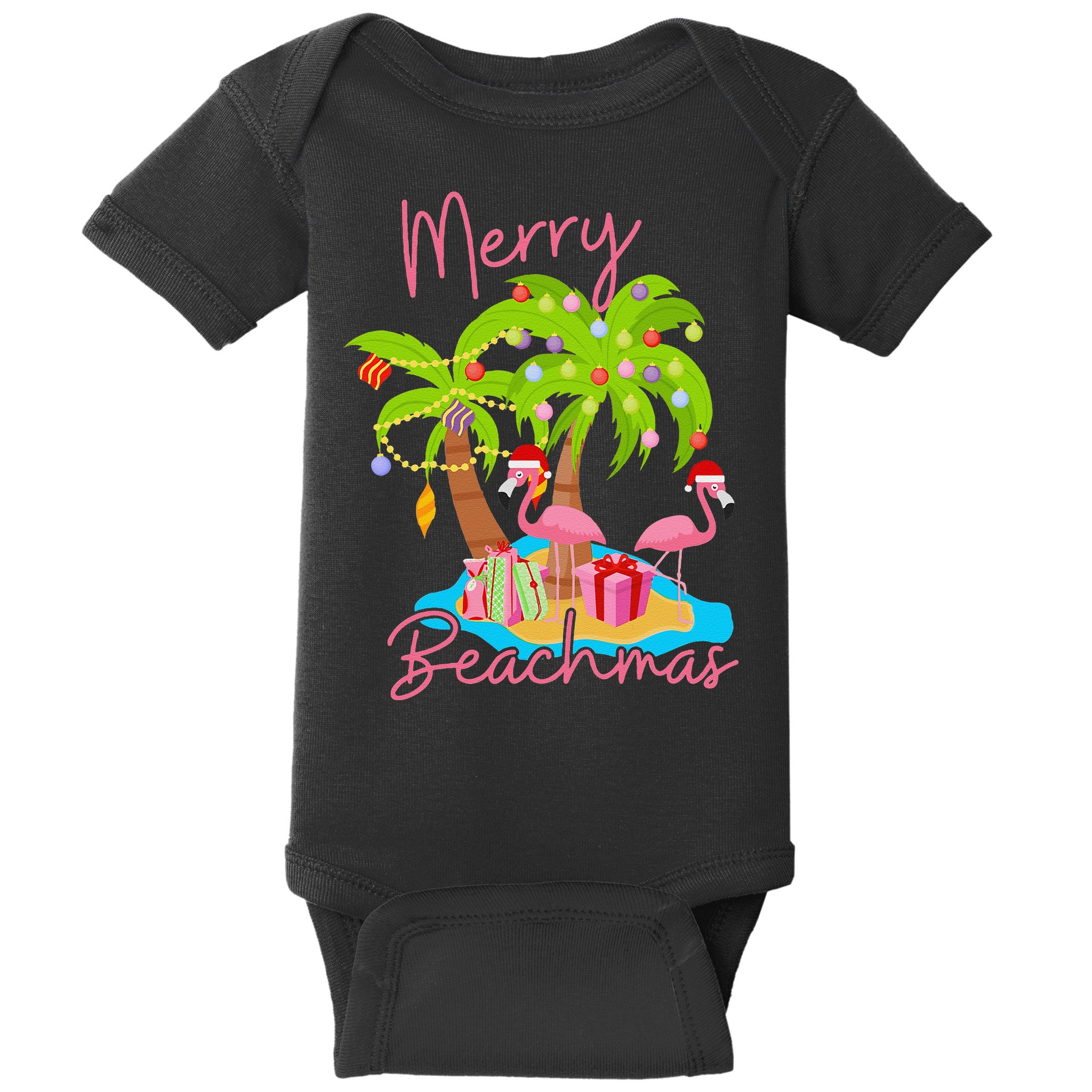 Merry Beachmas Christmas Palm Trees Xmas Lights Flamingos Baby Bodysuit