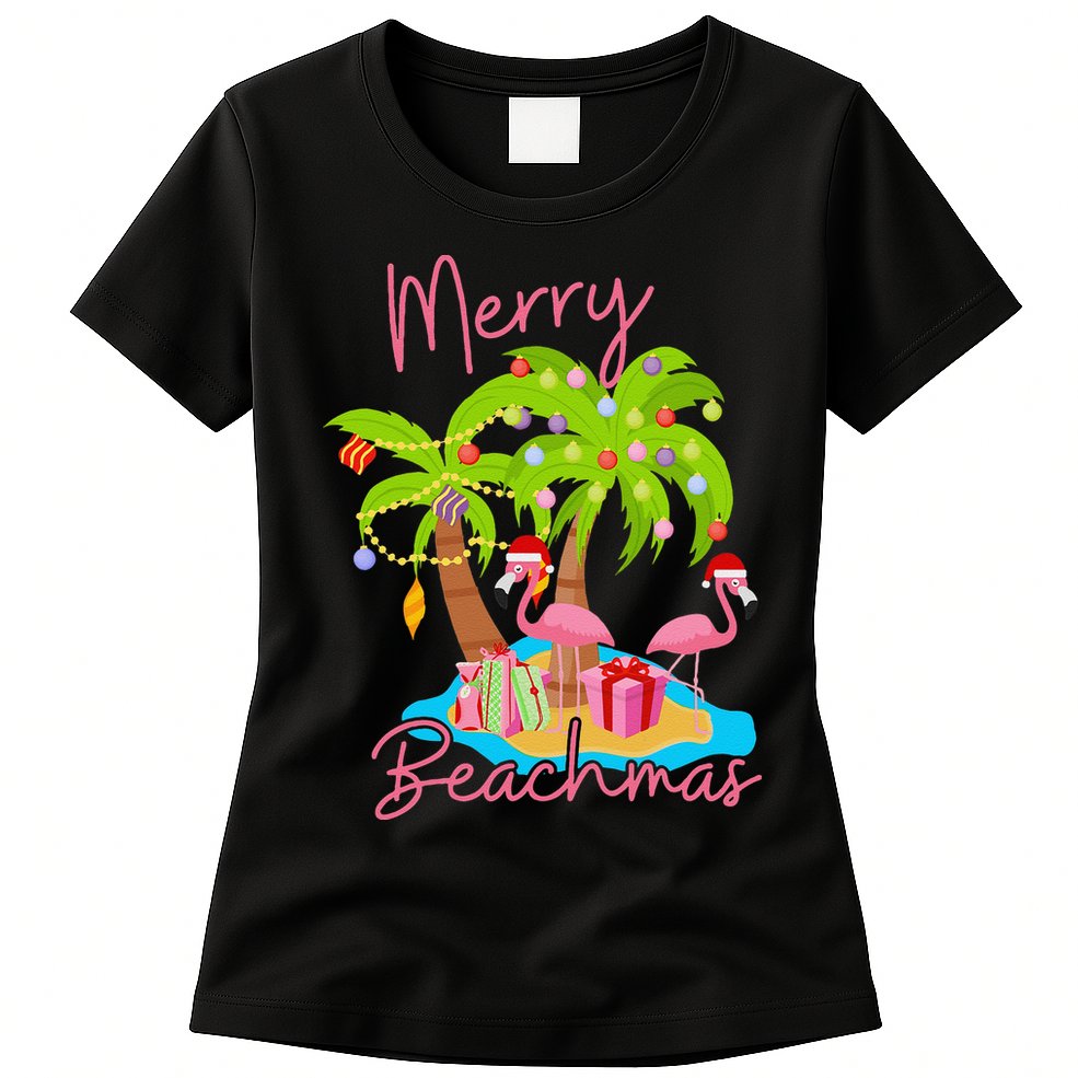 Merry Beachmas Christmas Palm Trees Xmas Lights Flamingos Womens T-Shirt