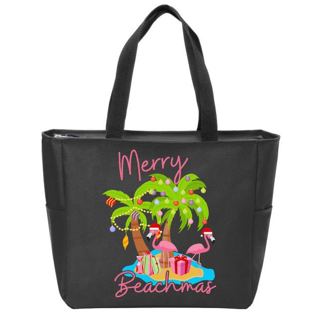 Merry Beachmas Christmas Palm Trees Xmas Lights Flamingos Zip Tote Bag