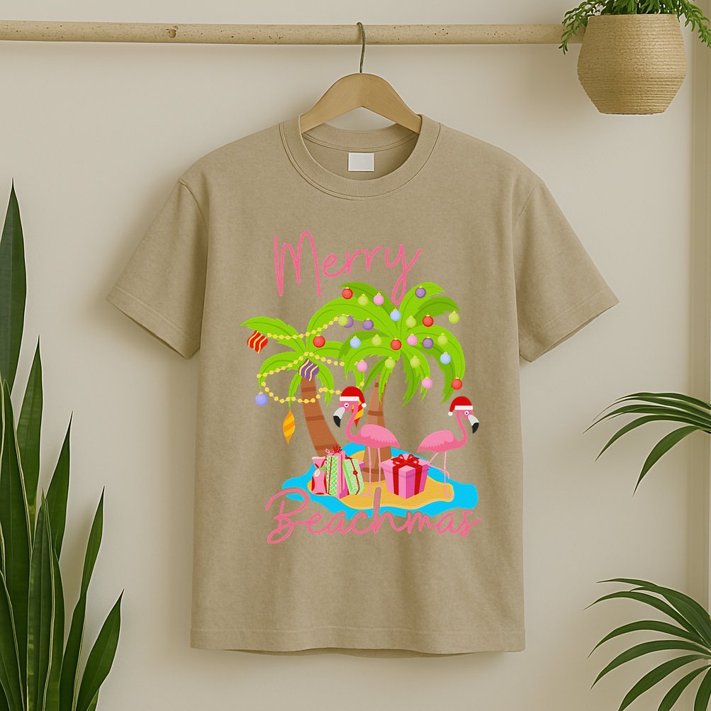 Merry Beachmas Christmas Palm Trees Xmas Lights Flamingos T-Shirt