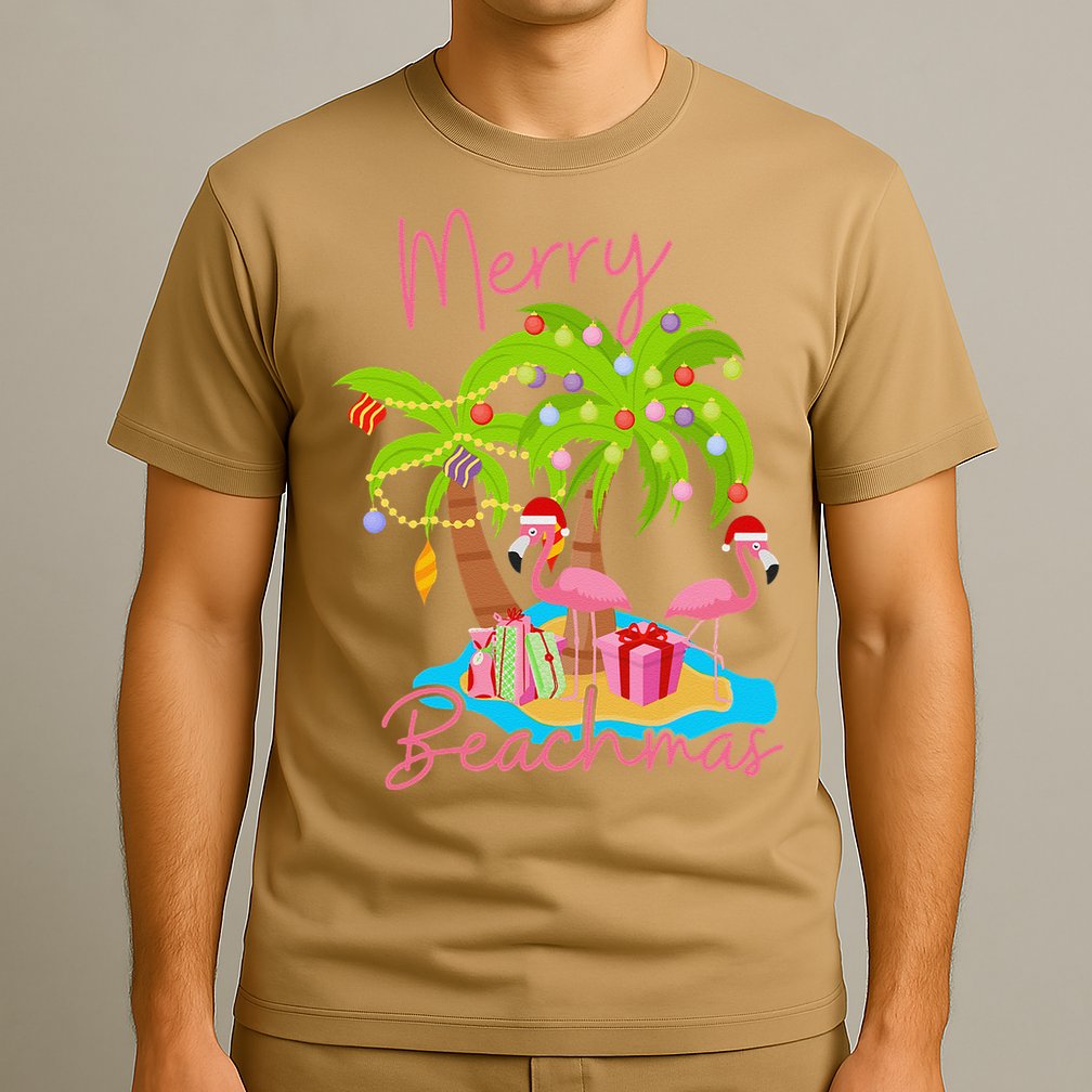 Merry Beachmas Christmas Palm Trees Xmas Lights Flamingos T-Shirt