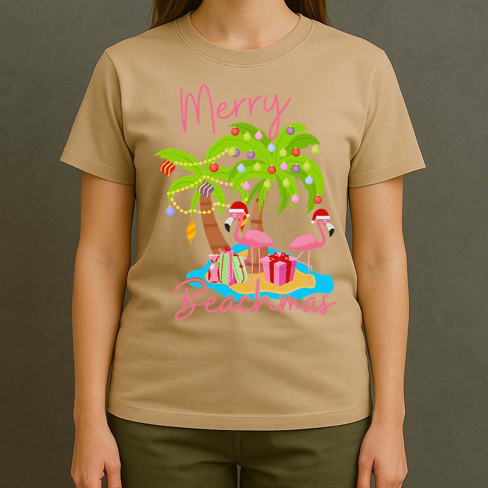 Merry Beachmas Christmas Palm Trees Xmas Lights Flamingos T-Shirt