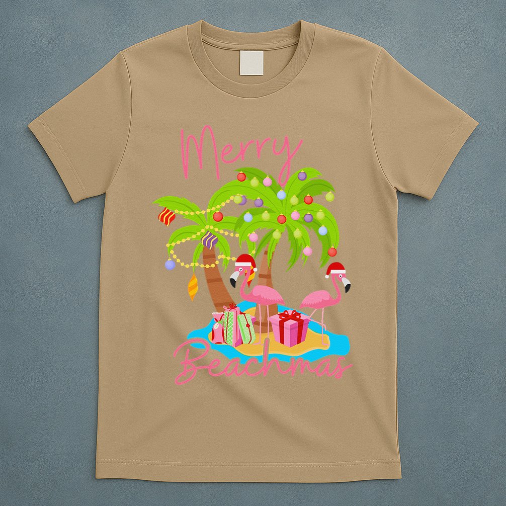Merry Beachmas Christmas Palm Trees Xmas Lights Flamingos T-Shirt