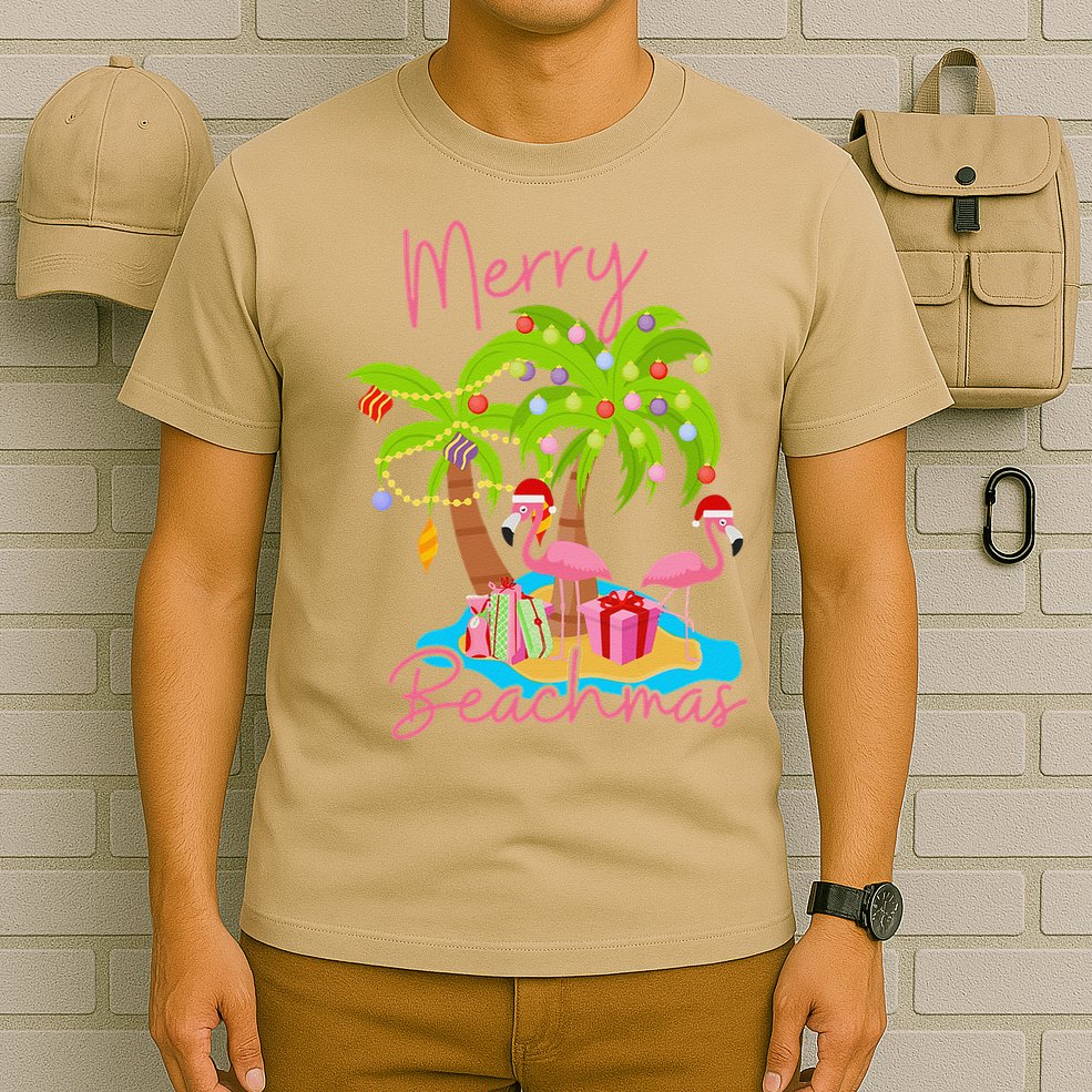 Merry Beachmas Christmas Palm Trees Xmas Lights Flamingos T-Shirt
