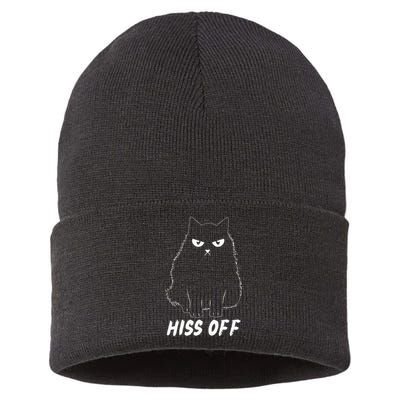 Meow Black Cat Hiss Off Funny Sustainable Knit Beanie