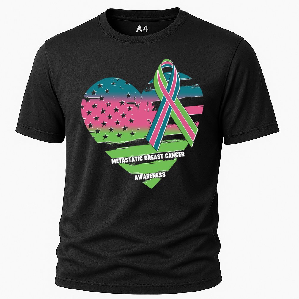 Metastatic Breast Cancer Awareness USA American Flag Ribbon Heart Cooling Performance Crew T-Shirt
