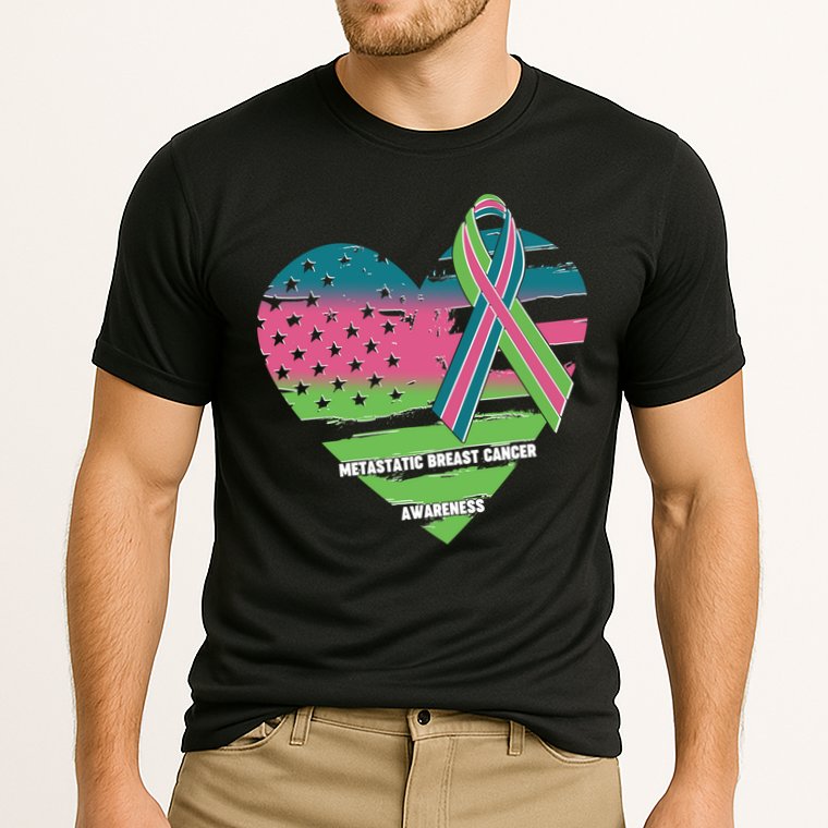 Metastatic Breast Cancer Awareness USA American Flag Ribbon Heart Cooling Performance Crew T-Shirt