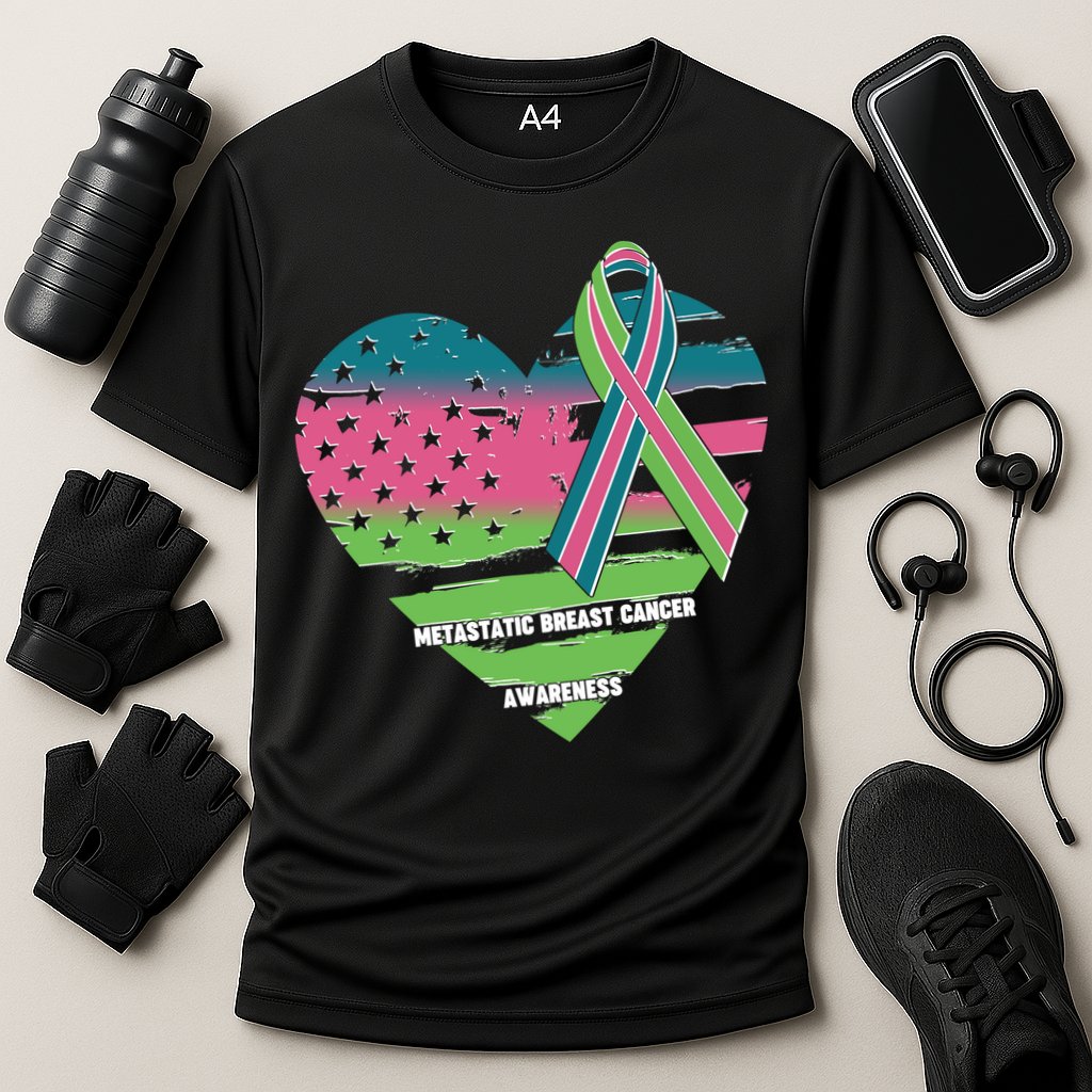 Metastatic Breast Cancer Awareness USA American Flag Ribbon Heart Cooling Performance Crew T-Shirt