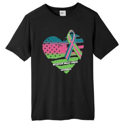 Metastatic Breast Cancer Awareness USA American Flag Ribbon Heart Tall Fusion ChromaSoft Performance T-Shirt