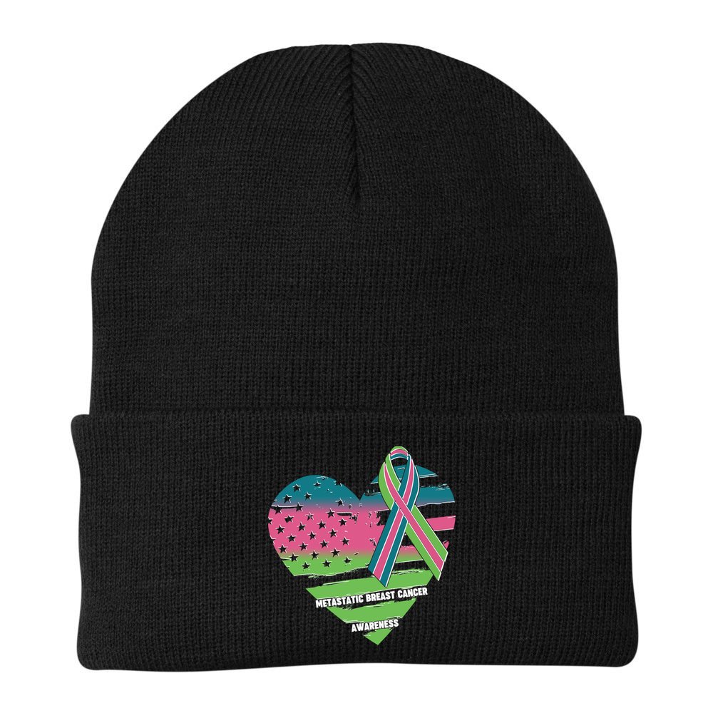 Metastatic Breast Cancer Awareness USA American Flag Ribbon Heart Beanie