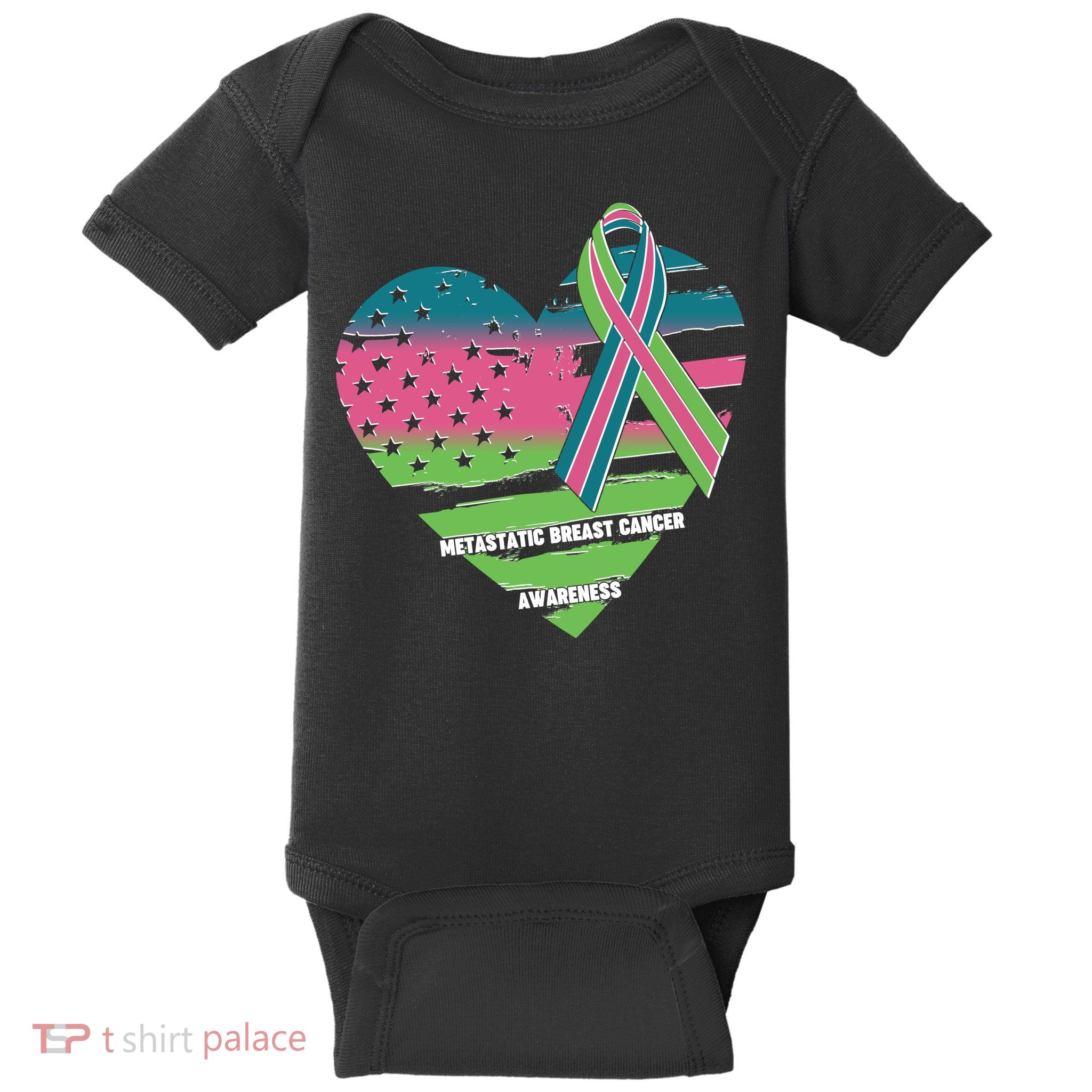 Metastatic Breast Cancer Awareness USA American Flag Ribbon Heart Baby Bodysuit