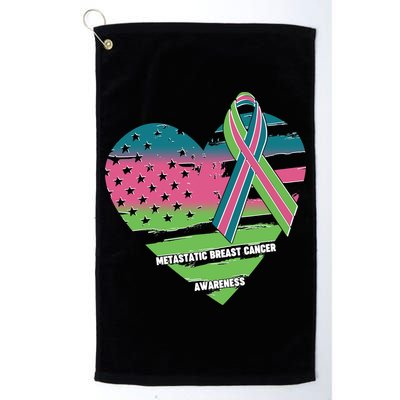 Metastatic Breast Cancer Awareness USA American Flag Ribbon Heart Golf Towel