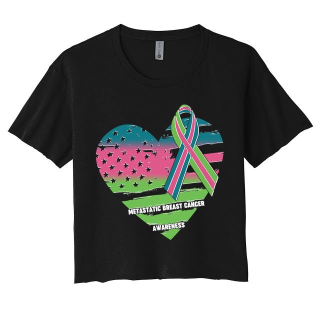 Metastatic Breast Cancer Awareness USA American Flag Ribbon Heart Crop Top