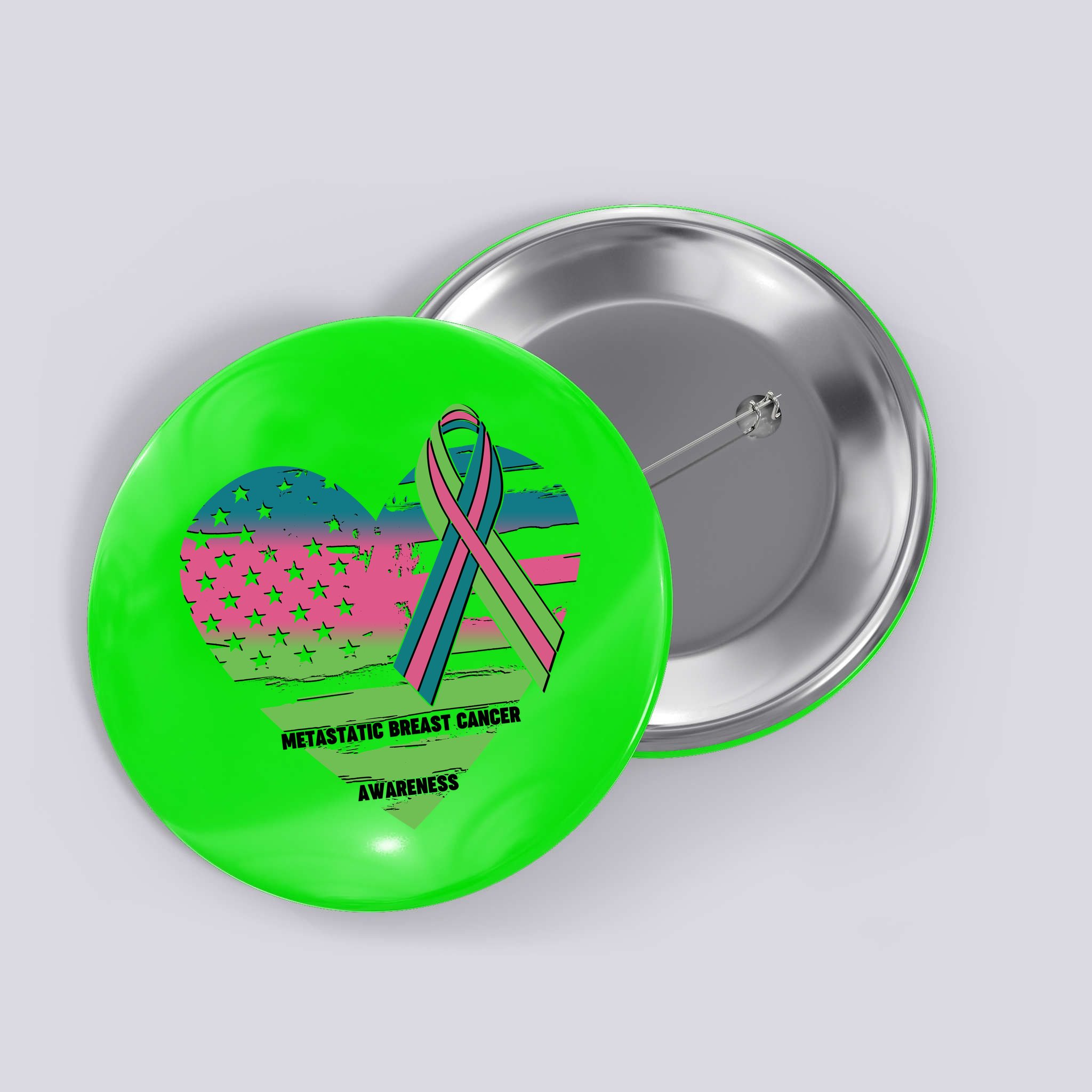Metastatic Breast Cancer Awareness USA American Flag Ribbon Heart Button