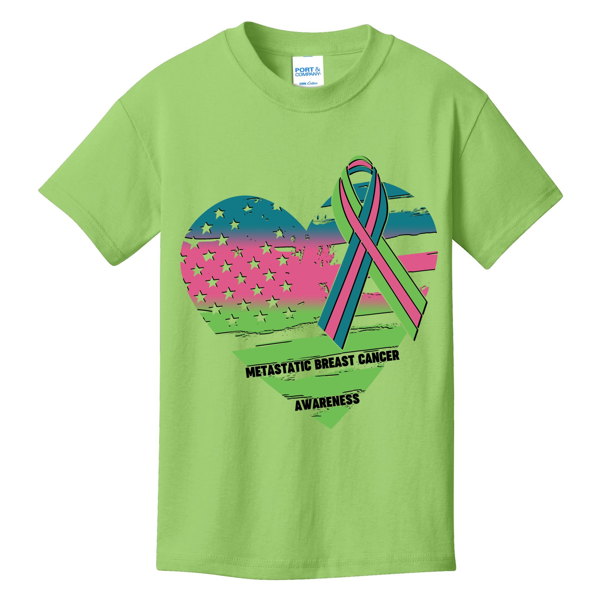 Metastatic Breast Cancer Awareness USA American Flag Ribbon Heart Kids T-Shirt