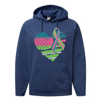 Metastatic Breast Cancer Awareness USA American Flag Ribbon Heart Performance Fleece Hoodie