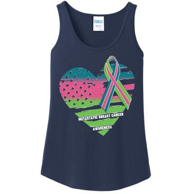 Metastatic Breast Cancer Awareness USA American Flag Ribbon Heart Ladies Essential Tank