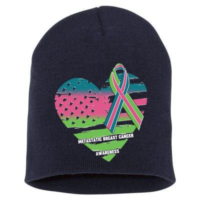 Metastatic Breast Cancer Awareness USA American Flag Ribbon Heart Short Acrylic Beanie