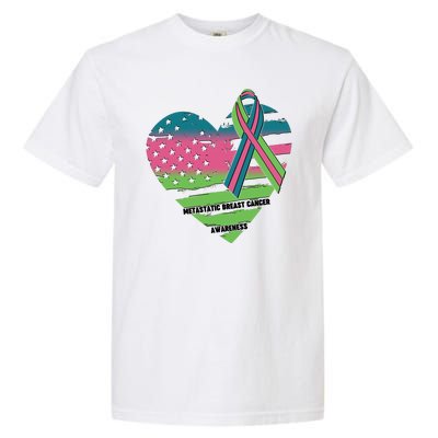 Metastatic Breast Cancer Awareness USA American Flag Ribbon Heart Garment-Dyed Heavyweight T-Shirt