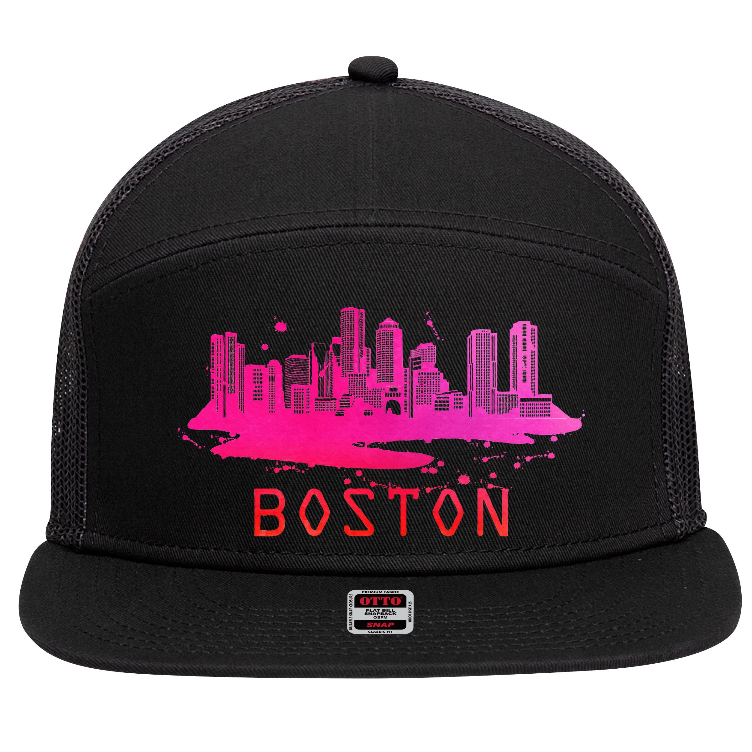 Modern Boston Cityscape Boston Massachusetts Skyline 7 Panel Mesh Trucker Snapback Hat