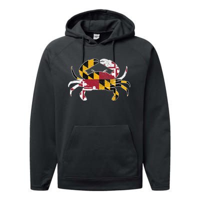 Maryland Blue Crab Vintage Maryland Flag Pride Performance Fleece Hoodie