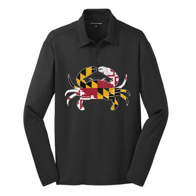 Maryland Blue Crab Vintage Maryland Flag Pride Silk Touch Performance Long Sleeve Polo