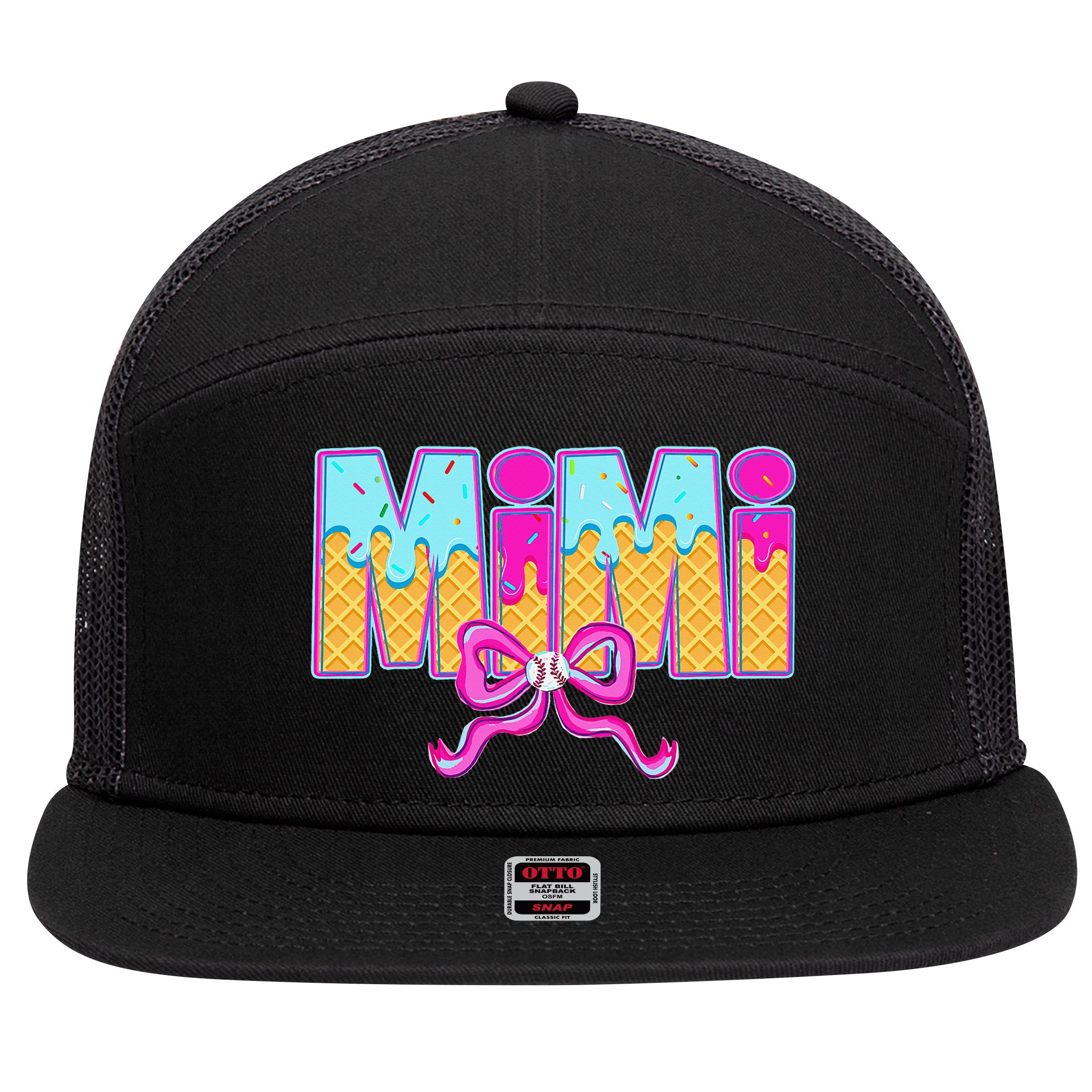 Mimi Baseball Coquette Bow Ice Cream Drip Mothers Day 7 Panel Mesh Trucker Snapback Hat