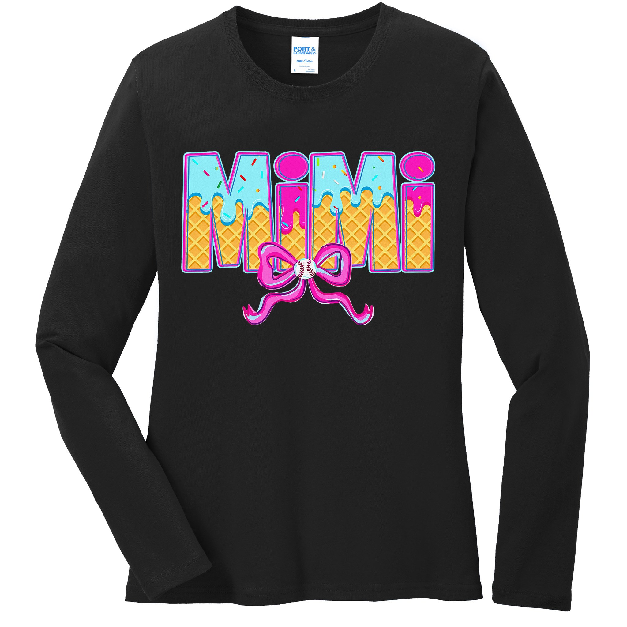 Mimi Baseball Coquette Bow Ice Cream Drip Mothers Day Ladies Long Sleeve Shirt