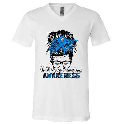 Messy Bun Child Abuse Prevention Awareness Protect Child V-Neck T-Shirt