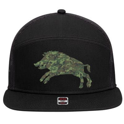 Military Boar Camo Print Us Pig Hog Tusk Veteran Gift 7 Panel Mesh Trucker Snapback Hat