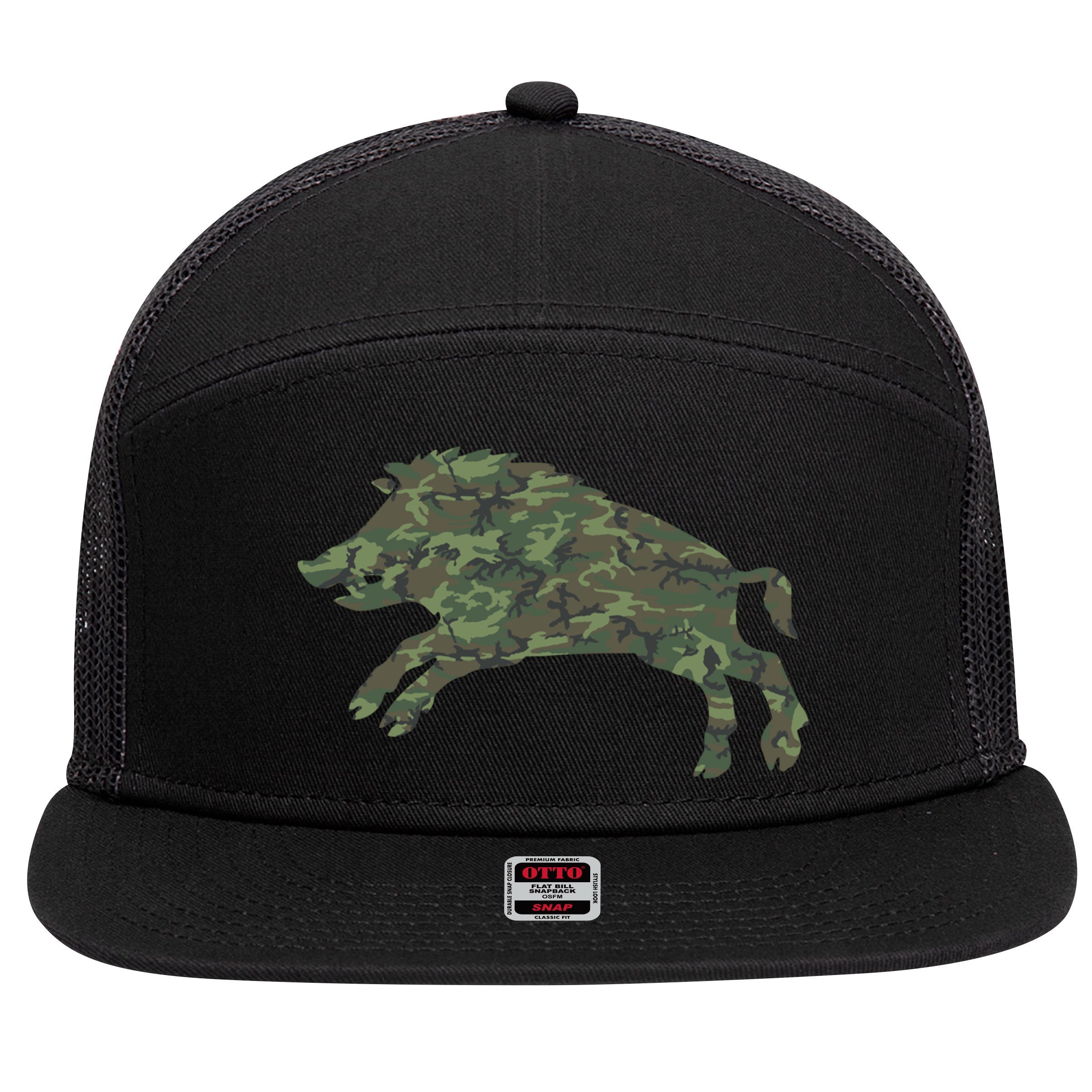 Military Boar Camo Print Us Pig Hog Tusk Veteran Gift 7 Panel Mesh Trucker Snapback Hat