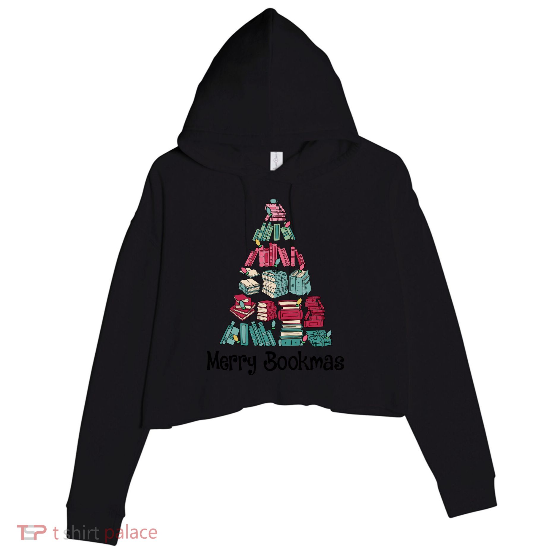 Merry Bookmas Christmas Tree Book Reading Books Gift Crop Fleece Hoodie