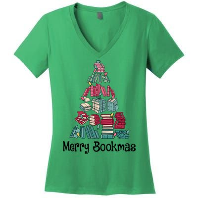Merry Bookmas Christmas Tree Book Reading Books Gift Women's V-Neck T-Shirt