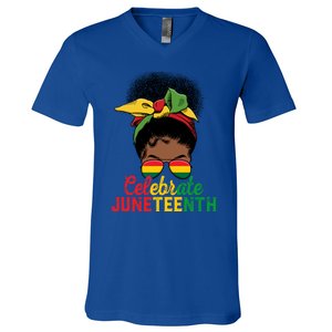 Messy Bun Celebrate Juneteenth Black Freedom Melanin Funny Gift V-Neck T-Shirt