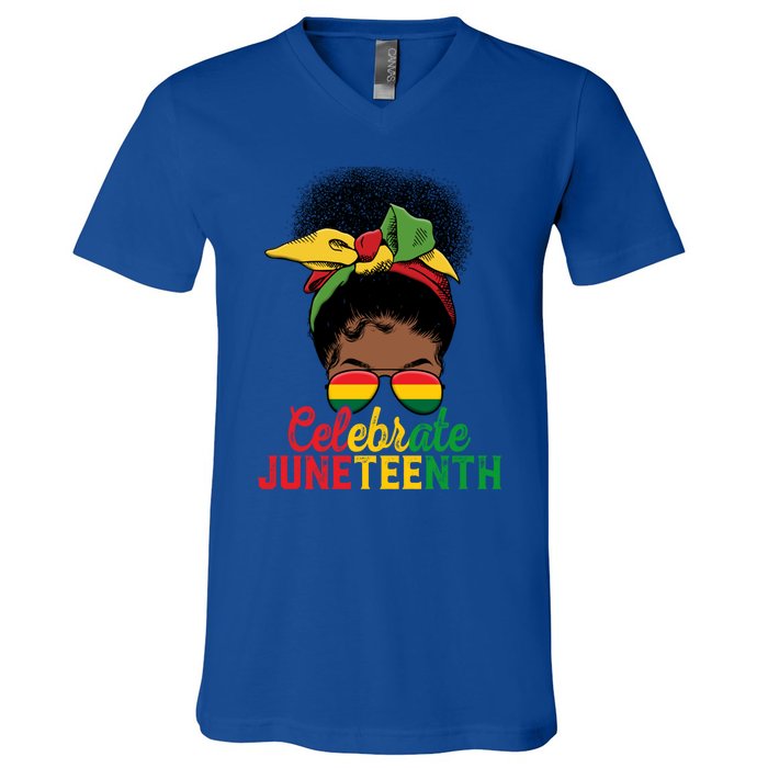 Messy Bun Celebrate Juneteenth Black Freedom Melanin Funny Gift V-Neck T-Shirt