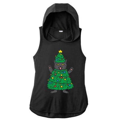 Meowy Black Cat Christmas Tree Funny Kitten Cat Owner Ladies PosiCharge Tri-Blend Wicking Draft Hoodie Tank