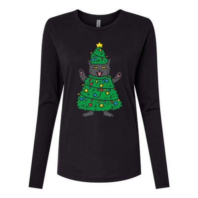 Meowy Black Cat Christmas Tree Funny Kitten Cat Owner Womens Cotton Relaxed Long Sleeve T-Shirt