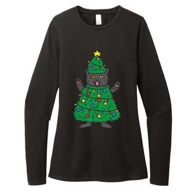 Meowy Black Cat Christmas Tree Funny Kitten Cat Owner Womens CVC Long Sleeve Shirt