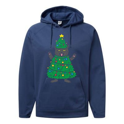 Meowy Black Cat Christmas Tree Funny Kitten Cat Owner Performance Fleece Hoodie