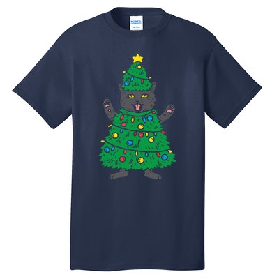 Meowy Black Cat Christmas Tree Funny Kitten Cat Owner Tall T-Shirt